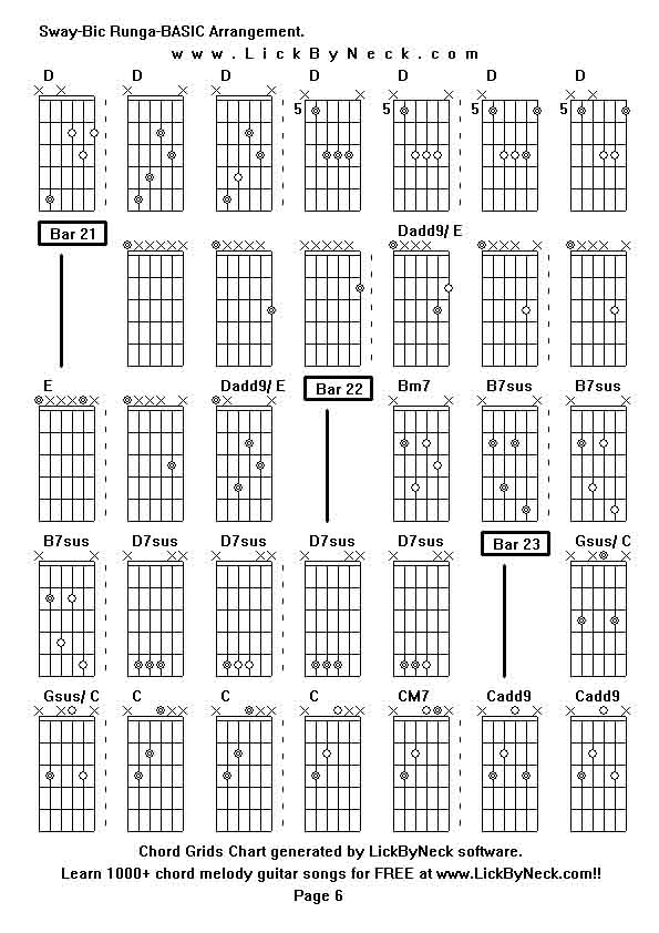 Chord Grids Chart of chord melody fingerstyle guitar song-Sway-Bic Runga-BASIC Arrangement,generated by LickByNeck software.